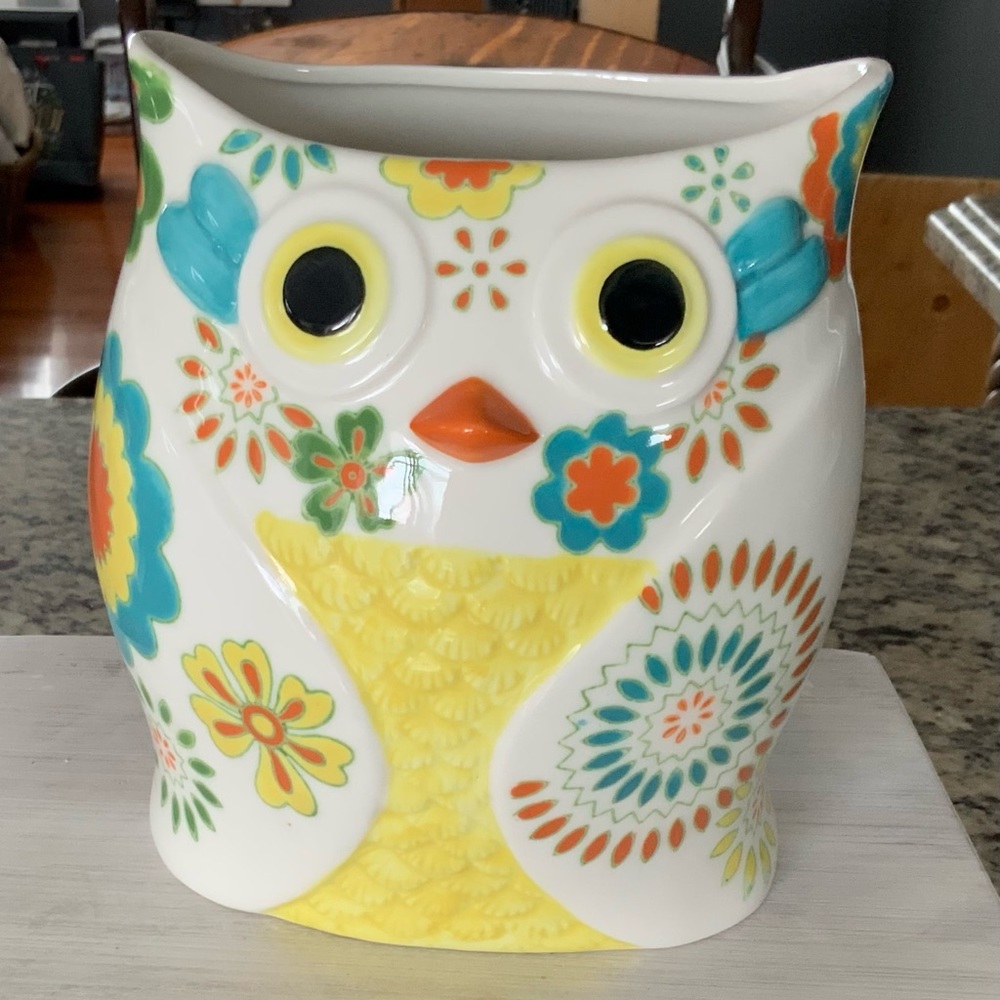 Pier-One Hand Painted Ceramic Owl Vase Or Kitchen Utensil